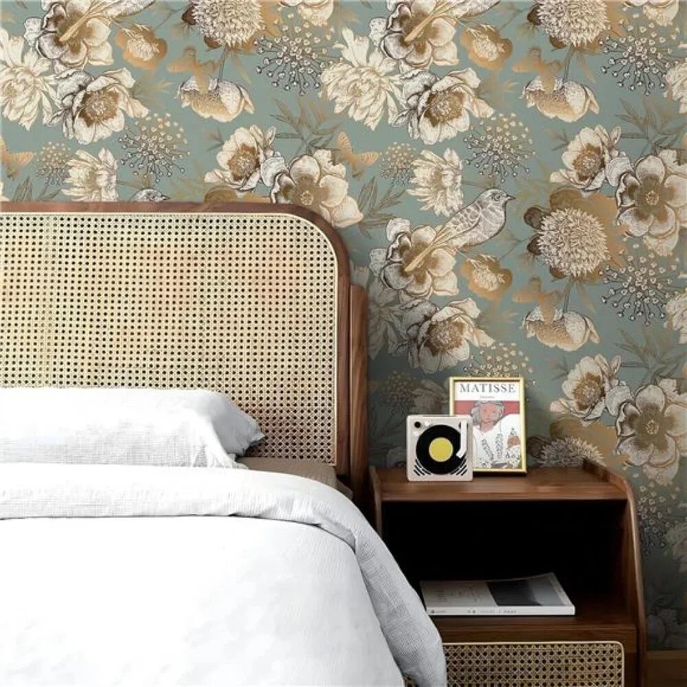 LACHEERY Blue and Gold Vintage Floral Wallpaper Peel and Stick Vintage Flower
